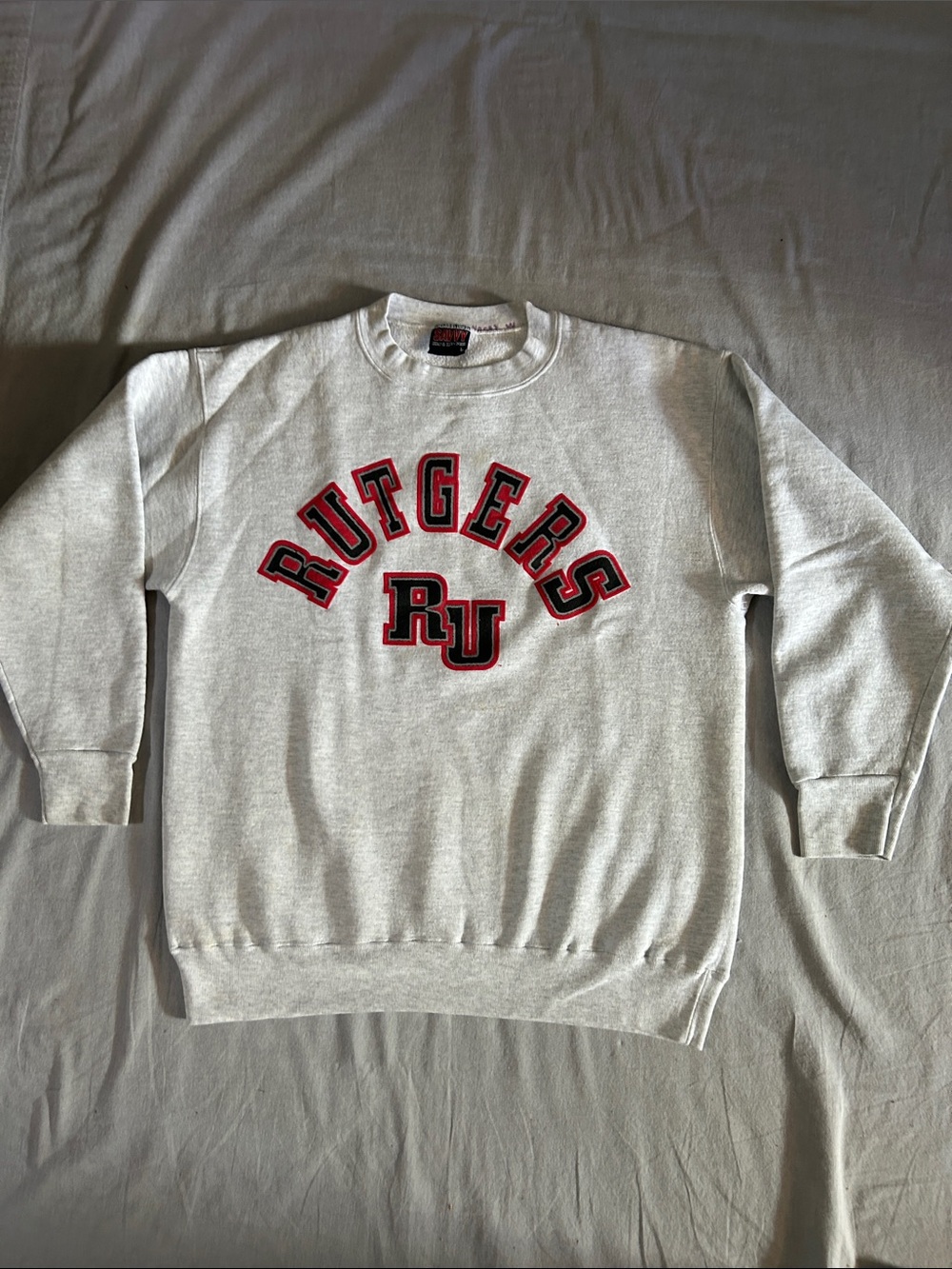 Rutgers RU Vintage 90s Crewneck Sweatshirt w Stitched Appliqué Logo Heather Gray